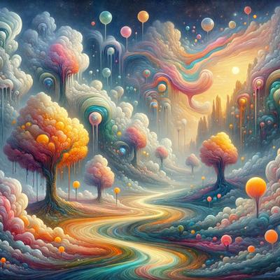 The primary subject of the image is a colorful, surreal landscape featuring a path surrounded by trees and various colorful balls. The setting appears to be a fantastical, imaginative world with a vibrant atmosphere. The visual style is a combination of digital art and illustration, creating a unique and captivating scene. The dominant colors in the image are a mix of vibrant hues, such as pink, yellow, and orange, which contribute to the overall lively and whimsical mood of the